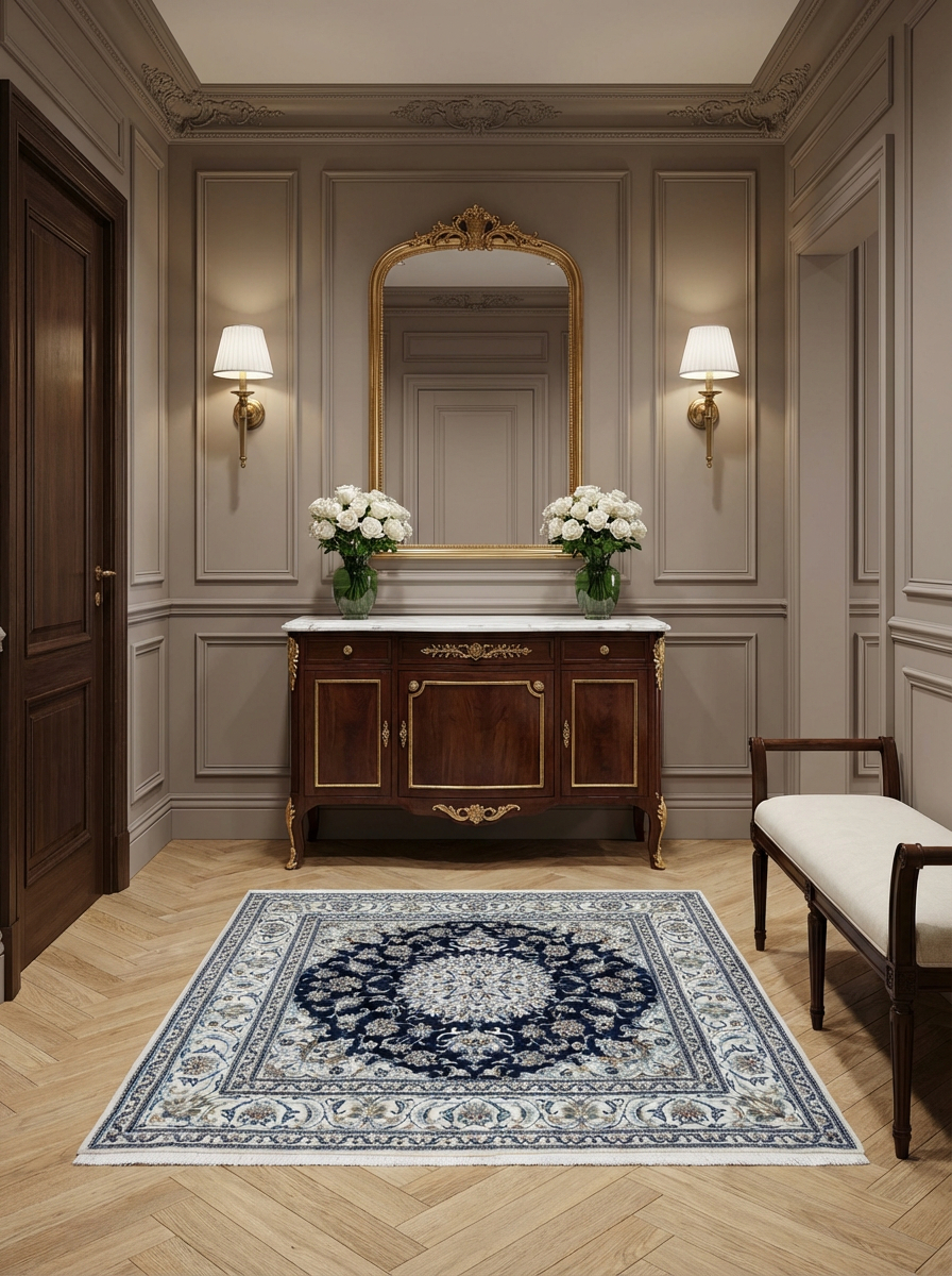 Tapis Persan Nain Noué Main, Laine 100%, 133x90 Cm, Bleu Motif Oriental, Neuf