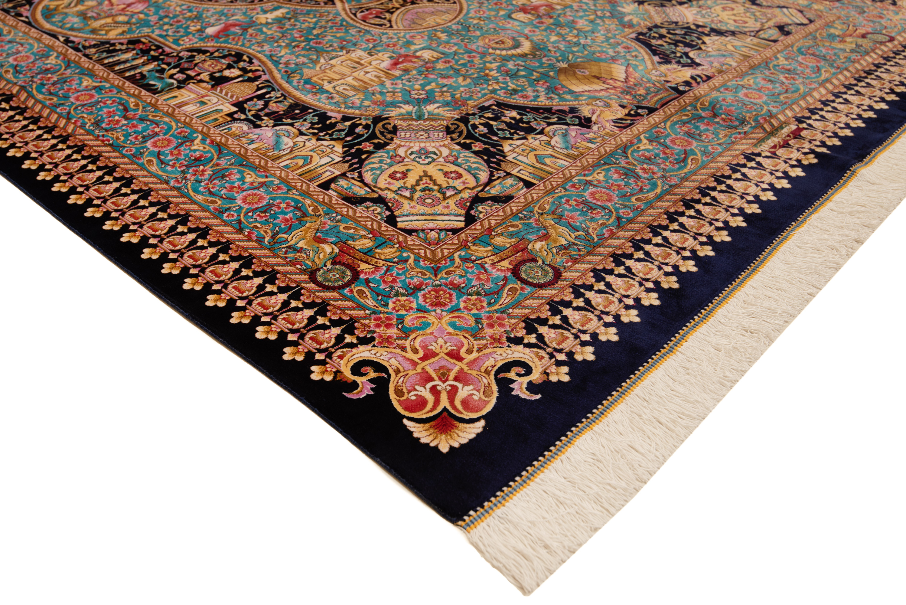 Tappeto persiano Qom in seta blu 225 x 150 cm