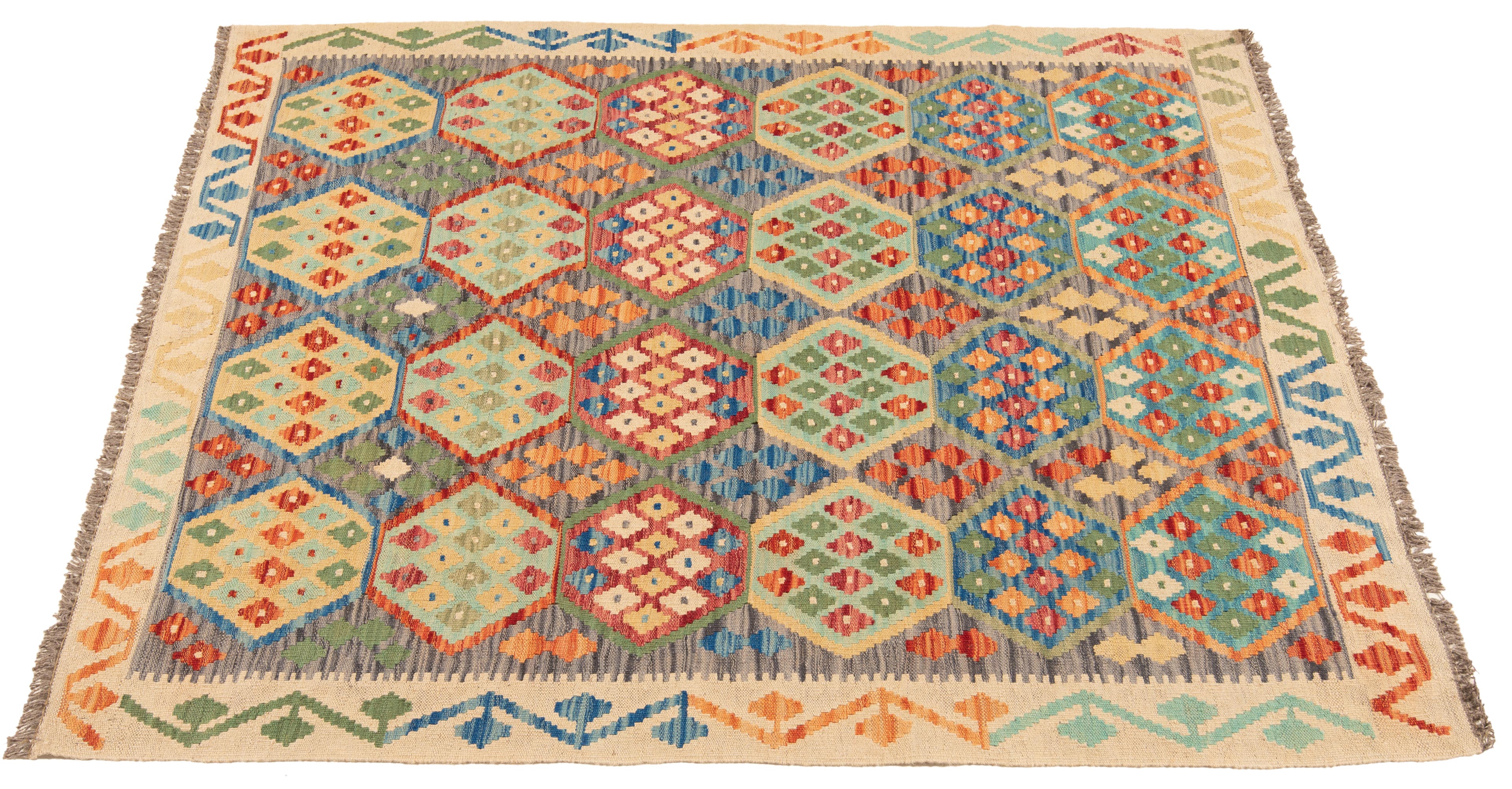 Afghan Kelim 200x156 Kilim Teppich Handarbeit rug wolle online geometrie