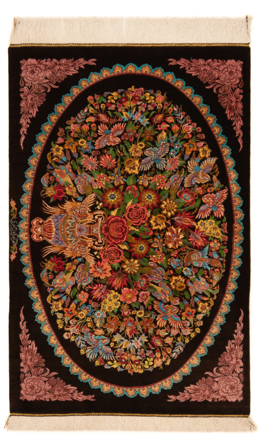 Qom Silk Zaeri Persian Rug Black 97 x 65 cm
