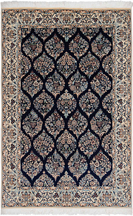 Tapis Persan Nain Noué Main – 133 X 88 Cm, Laine Et Coton, Bleu Nuit