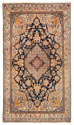 Tapis Persan Nain Noué Main – 133 X 88 Cm, Laine Et Coton, Bleu Nuit