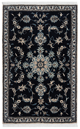 Tapis Persan Nain Noué Main, Laine 100%, 133x90 Cm, Bleu Motif Oriental, Neuf