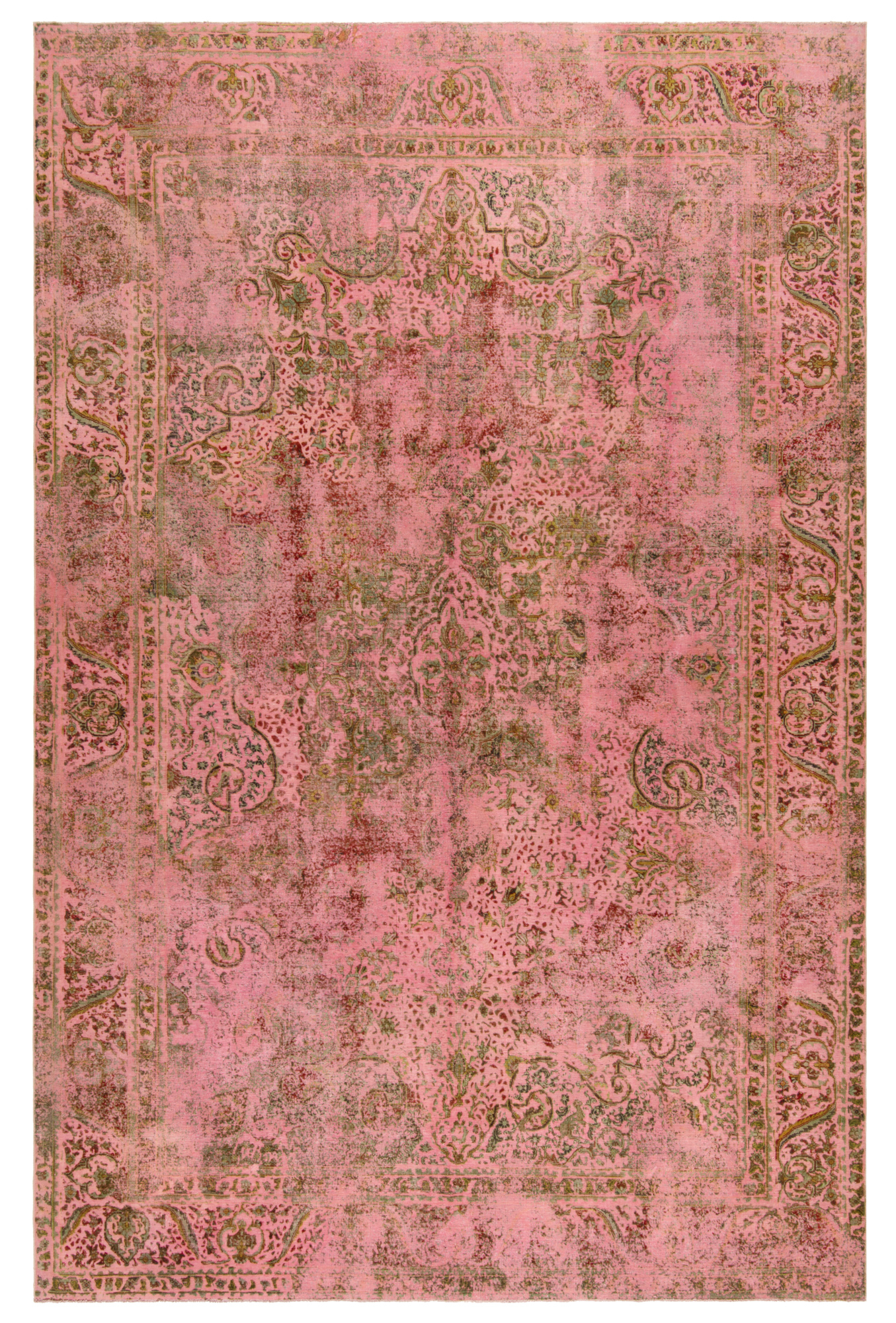 Grand Tapis Persan Vintage Noué Main 168x116 Cm - Rose, Laine Et Coton - État Neuf